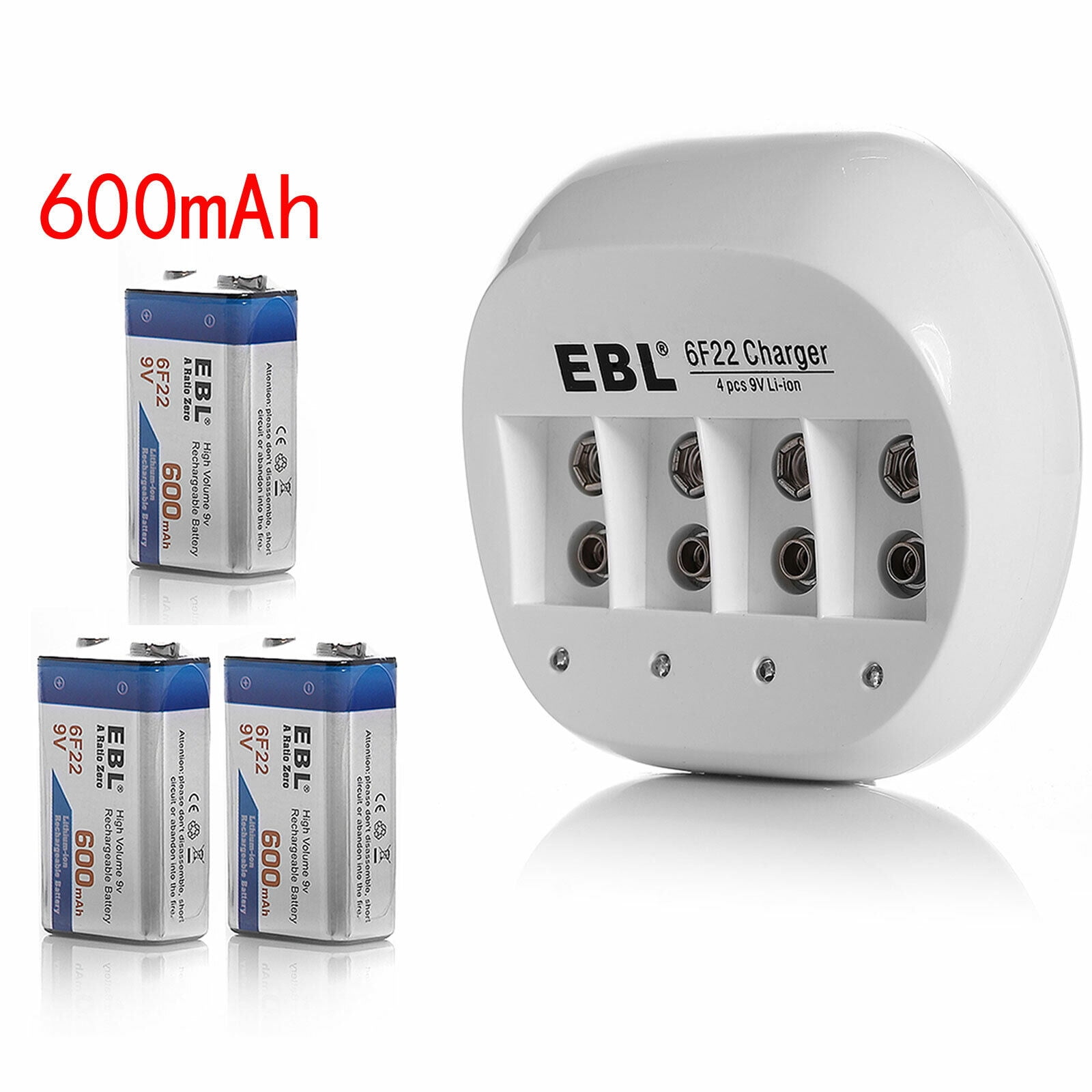 EBL 4 Bay 9V Lithium ion Battery Charger with 3 Packs 600mAh 9V Li-ion ...