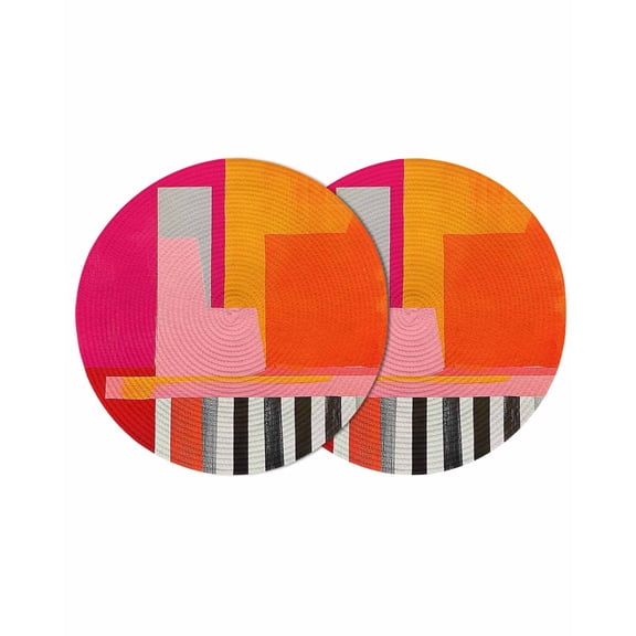 Pink Orange Round 13 Inch Placemats Set of 2, Geometric Modern Abstract Oil Painting HeatResistant Non Slip Place Mats for Dining Table, Wipeable Braided Kitchen Table Mats for Housewarming