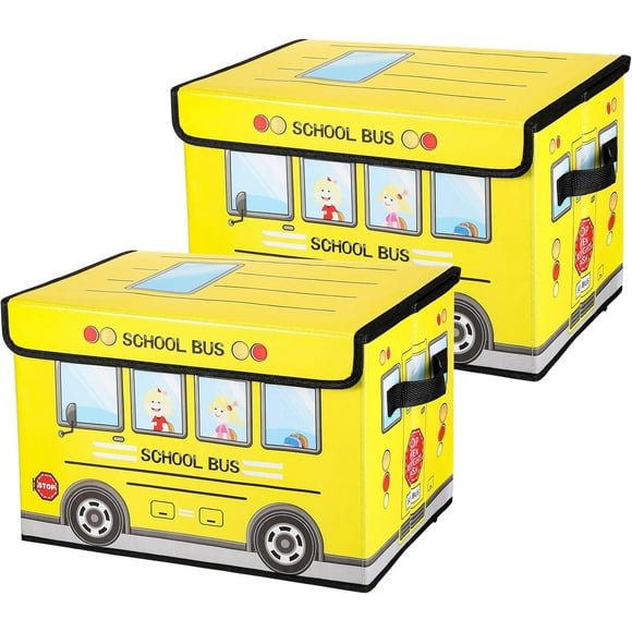 2 Pcs School Bus Treasure Box for Classroom, Foldable Chest Storage Box Toy Box Chest with Lid Treasure Storage Organizer Bin