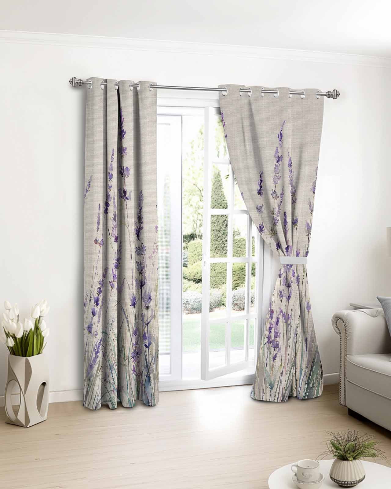 Spring Flower Blackout Curtains for Bedroom Living Room, Vintage Purple Lavender Linen Texture 84 In Long Thermal Insulated Room Darkening Drapes Grommet Window Treatments, 42 x 84 In