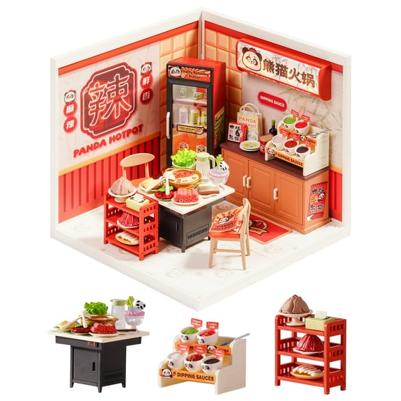 ROBOTIME Super Creator DIY Miniature House Kit,Tiny Home Craft Kits with LED,Mini Dollhouse Building Sets,Gifts for Teens Adults(Panda Hot Pot)