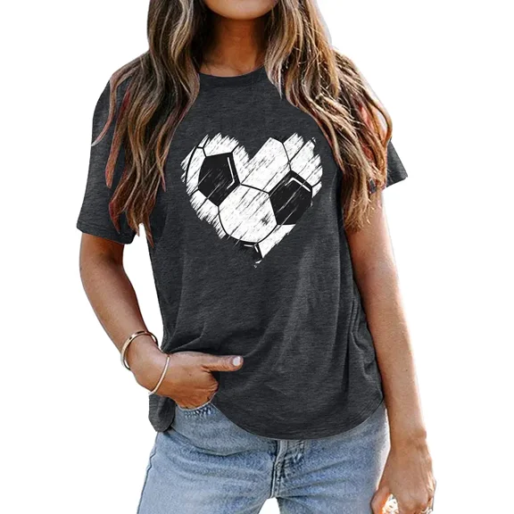 Women's Soccer Heart Graphic T-Shirt - Love Football Sports Casual Short Sleeve Tee - Retro Distressed Athletic Top for Soccer Moms and Fans