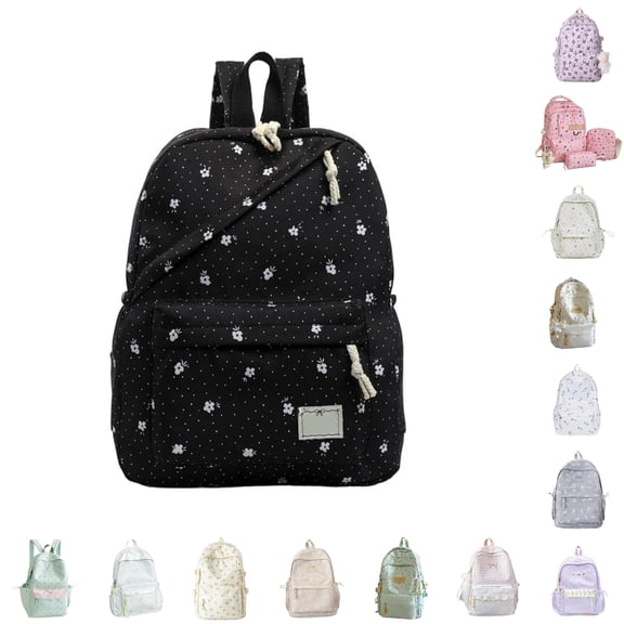 CUZIBR Floral Polka Dot Backpack For Teen Girls Casual Canvas School Backpack Lightweight Student Travel Daypack With Front Pocket
