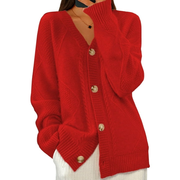 Bellella Women Cardigan Sweater Button Down Knitted Sweaters Long Sleeve Cardigans Casual Cable Knit Jacket Ladies Red L