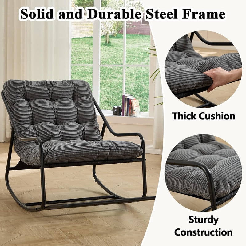 Outdoor Rocking Chair, Papasan Rocking Chair with Metal Frame, Comfy Rocker Lounge Chair for Living Room Porch Patio Garden