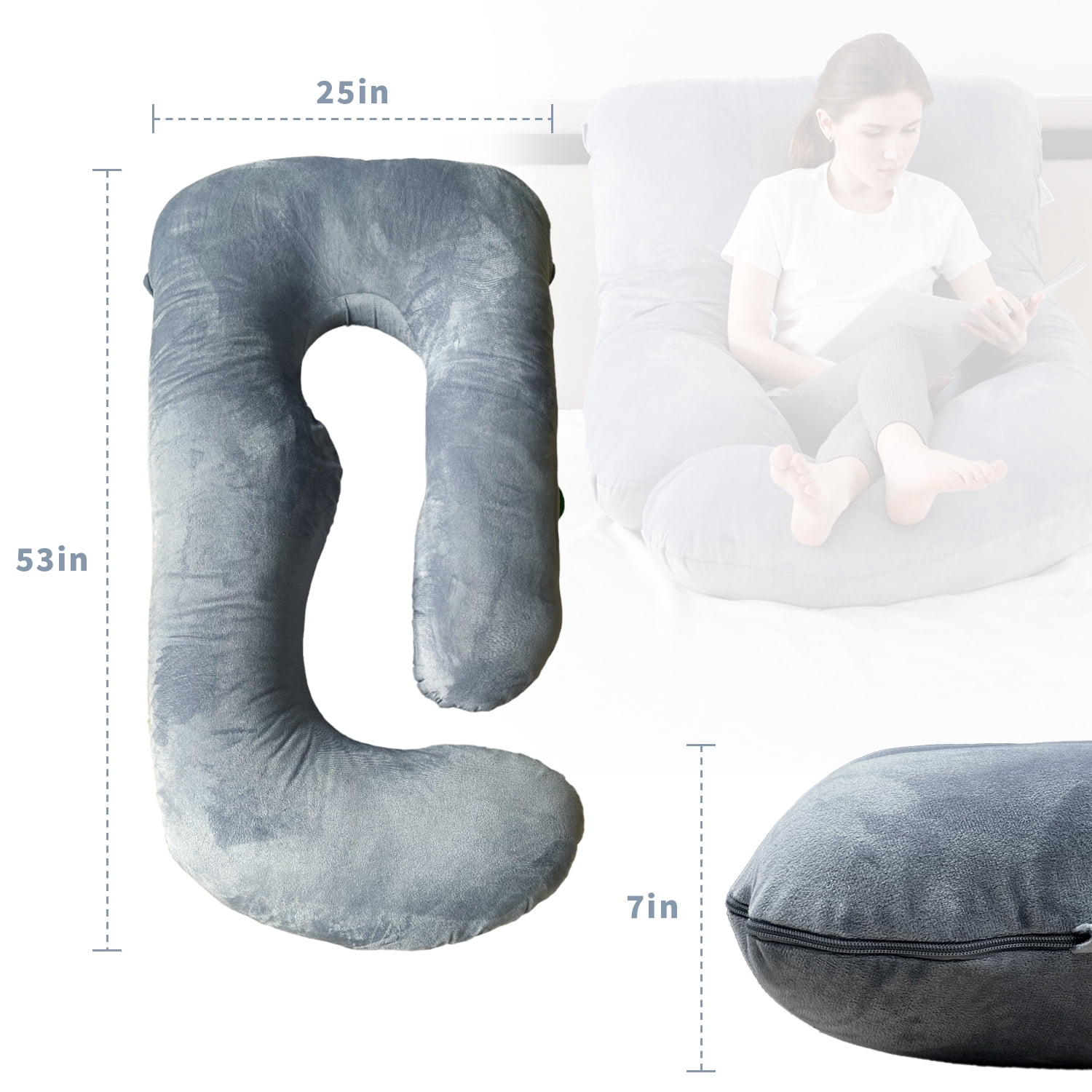 Babyomi J Shaped Maternity Pillow - Full Body Support for Pregnancy, Back & Hip Pain Relief, 3-in-1 Nursing Pillow, Machine Washable Cover, Grey