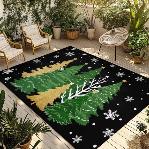 Fsddascl Black Christmas Tree Outdoor Rug for Patio/Deck/Porch, Non-Slip Large Area Rug 6 x 9 Ft, Xmas Snowflake Green Golden Indoor Outdoor Rugs Washable Area Rugs, Camping Rug Carpet Runner