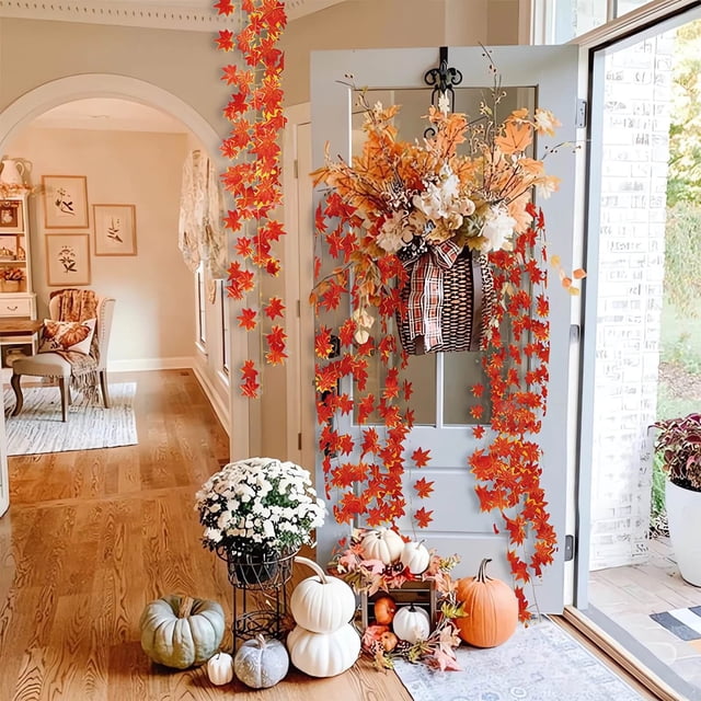 Guirlande de Feuilles d'Érable Artificielles d'Automne / 12 Décorations de Vigne Suspendue Artificielle pour Action de Grâce Vacances d'Automne / Feuilles Rouges et Oranges en Plastique Réalistes / 200x16cm / Décoration Intérieure Extérieure