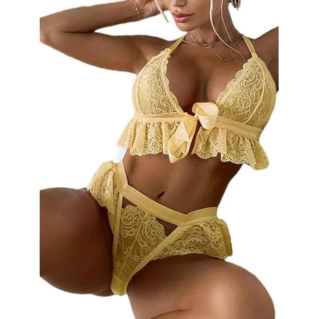 

Avamo Ladies Lingerie Set Halter Underwear 2 Pieces Nightdress Transparent Nightwear Ruffle Sleeping Sleepwear Light Yellow 3XL