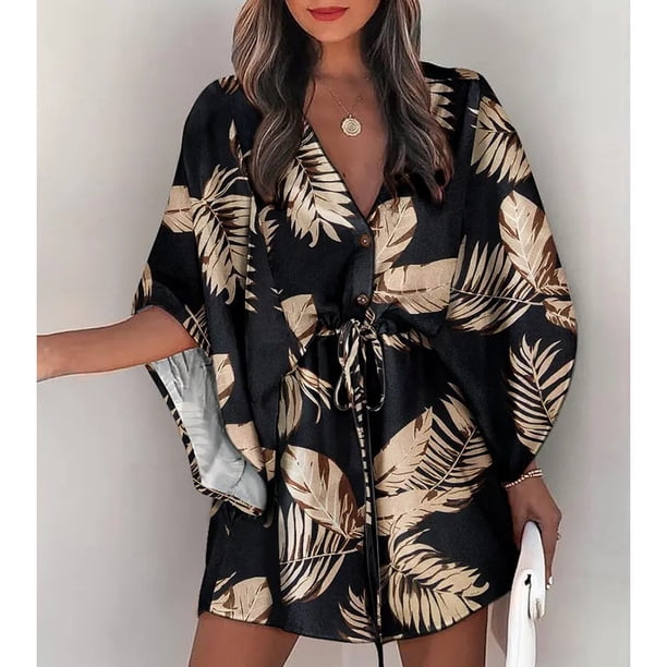 Summer Boho Mini Dress Women Flora Print Batwing Sleeve Lace-Up V Neck Loose Button Dresses Ladies Beach Party Dress VestidoM Gao Jinjia LED