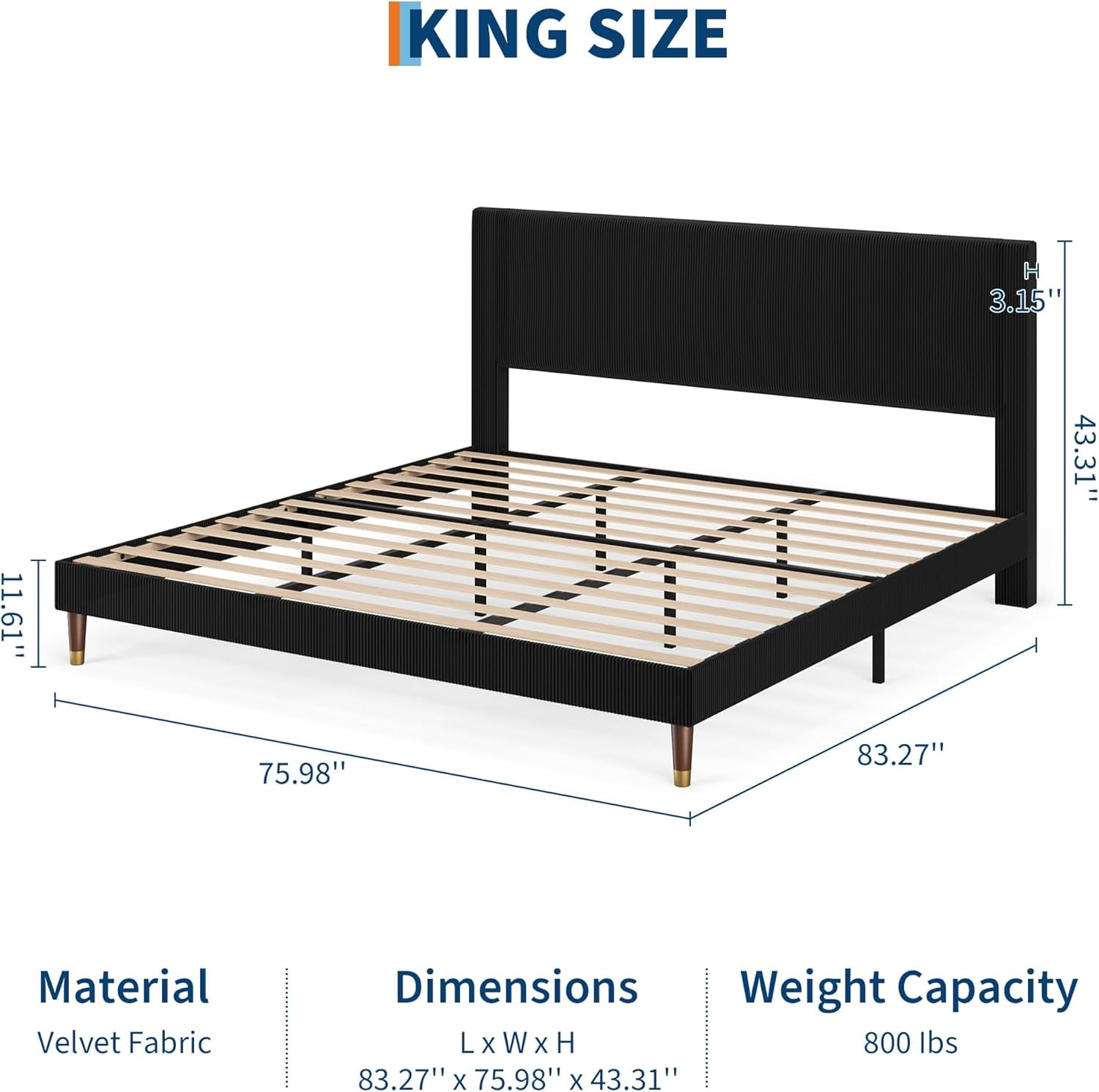 King Size Bed Frame with Upholstered Headboard and Strong Wooden Slats Support, Soft Corduroy Fabric Platform Bed, No Boxing Spring Needed, Easy Assembly, Black