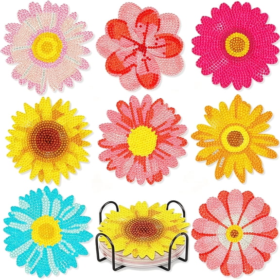 BESTSKY 8Pcs Flower Diamond Art Coasters Small Diamond Painting Kits for Adults Beginners Women Gem Art Coasters with Holder Funny Diy Crafts for Home Decor Art Diamond Art Coasters