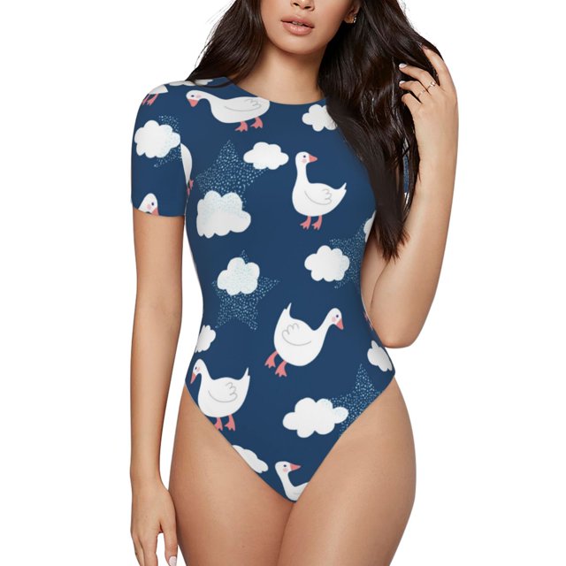 Balery Cute Goose On Blue Sky Body de cuello redondo de manga corta para mujer Tops de manga corta Tops básicos-XX-Large