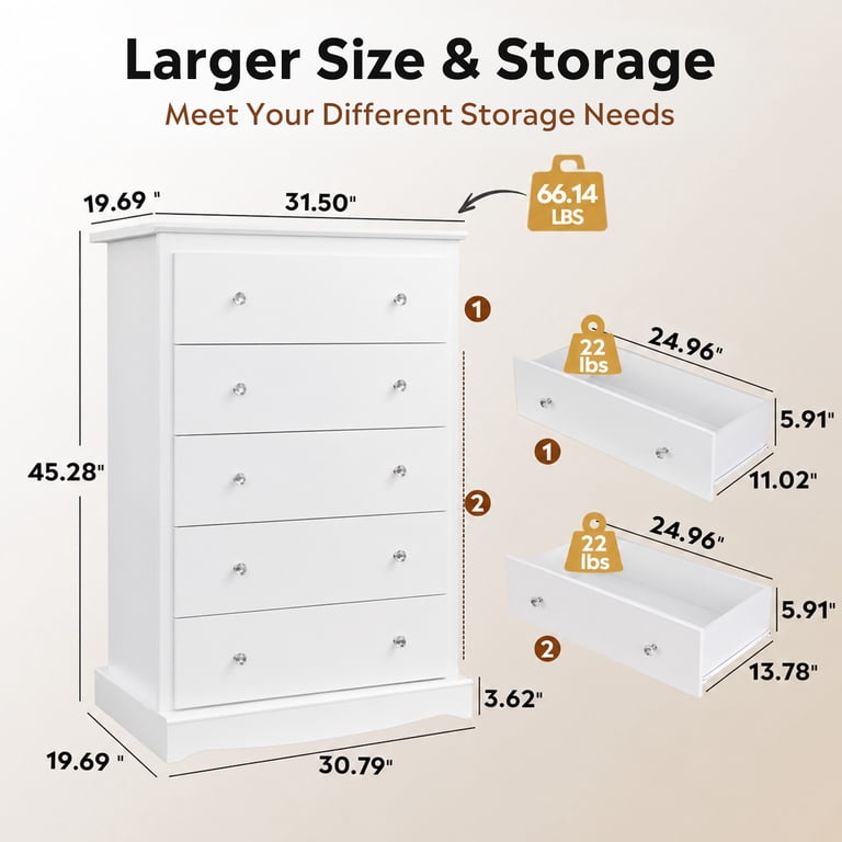 GALAXHERO 5-Drawer Tall White Dresser, Rustic photo 4