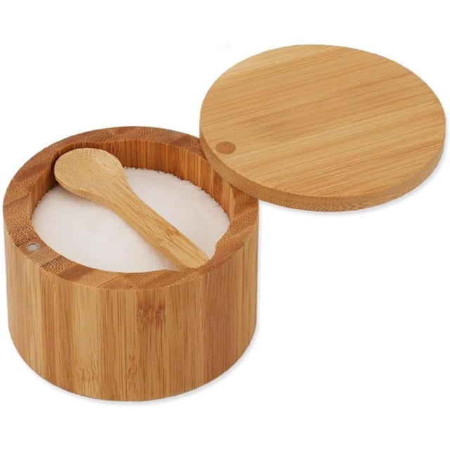Salero Bambú con Tapa Giratoria y Cierre Magnético para Fácil Apertura y Cierre, Tarro Especias, Caja Almacenamiento, Guardar Sal, Pimienta, Azúcar y Hierbas, Caja Pequeña para Especias (con Cuchara)