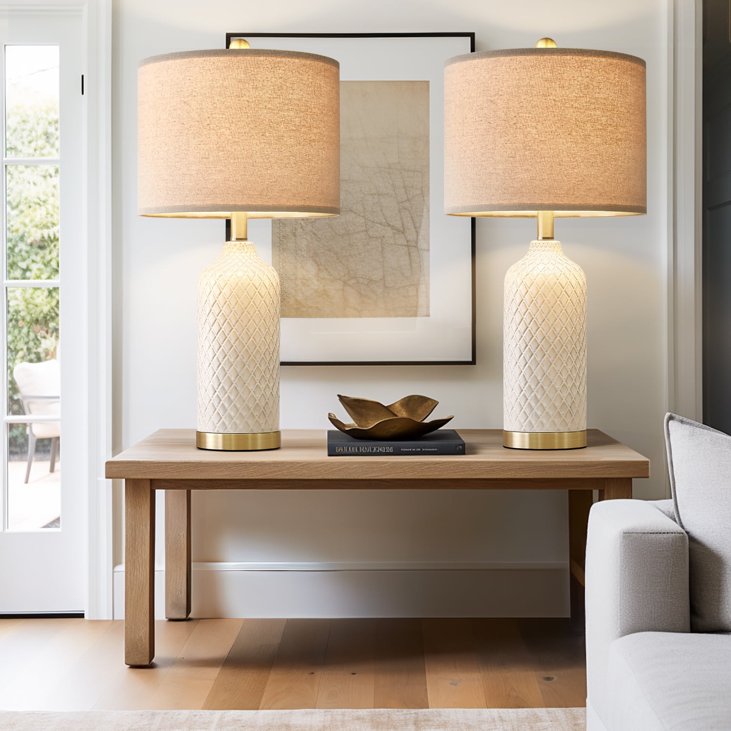 Oneach Ceramic Table Lamps Set of 2 for Living Room Bedroom 24.25" Modern Bedside Nightstand Lamps with Lamp Shades