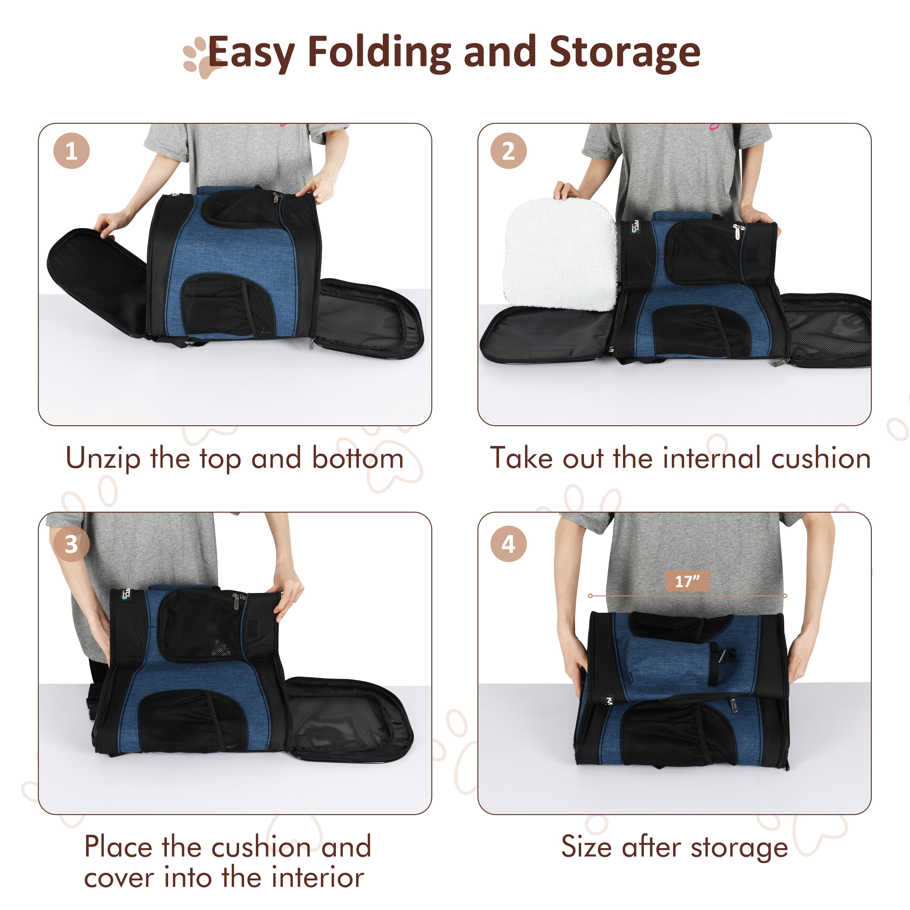 Pawse Pet Carrier Foldable Backpack for Small Cats Dogs And Puppies Upto 18 LBS, Airline-Approved Two-Sided Entry Padded Back Support Travel Carrier for Hiking, Walking, Cycling & Outdoor