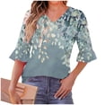thumbnail image 7 of Jsaierl Women's 3/4 Sleeve Tops Casual V Neck Shirts Ruffle Trim Trendy Print Petite Pleated Blouses Flowy Holiday Tunic Top S-2XL, 7 of 7