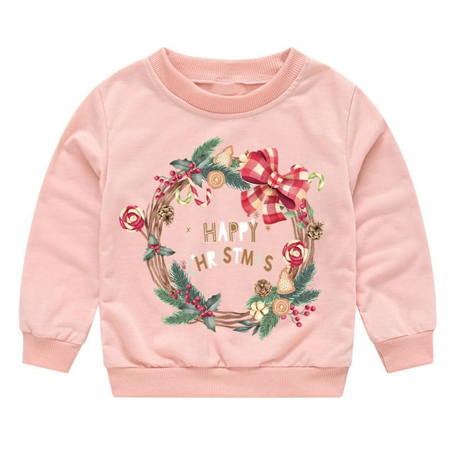 FYEGRE Chandail en Molleton de Noël pour Filles, Imprimé Lettre, Col Rond, Manches Longues, Décontracté, Rose 1-2 Ans