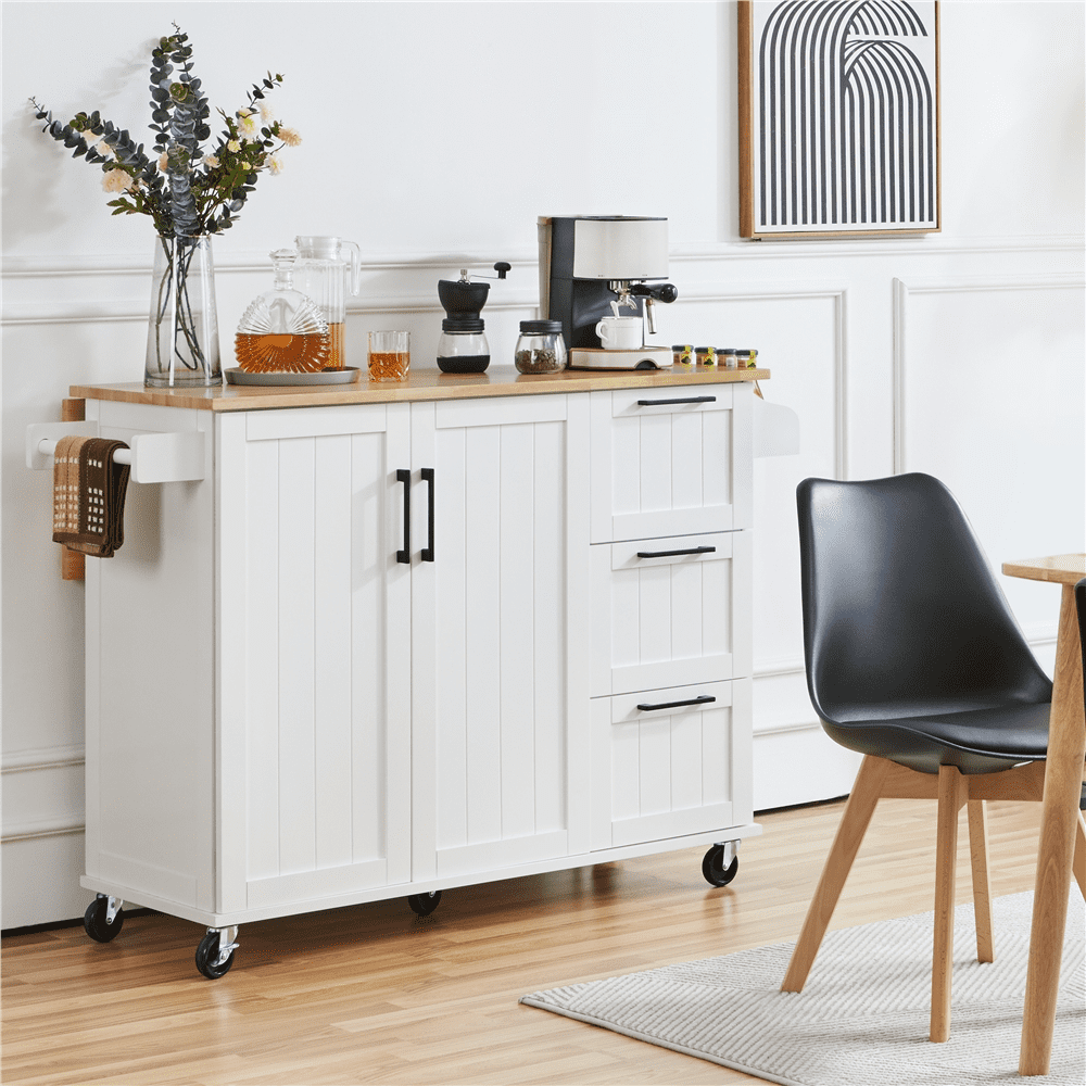Renwick Rolling Kitchen Cart with Cabinets and Drawers, White