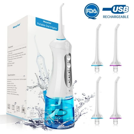 Water Flosser Portable Cordless Dental Oral Irrigator, Rechargeable IPX7 Waterproof Flosser with 4 Jet Nozzles, White and Blue