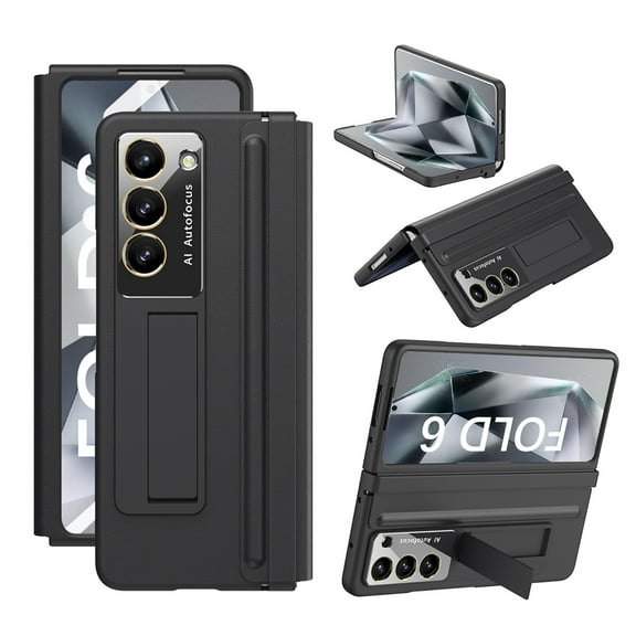 Dteck Case with Screen Protector for Samsung Galaxy Z Fold 6 5G 2024,Full-Body Hinge Protection Leather PC Case Shockproof Kickstand Cover for Galaxy Z Fold 6,Black