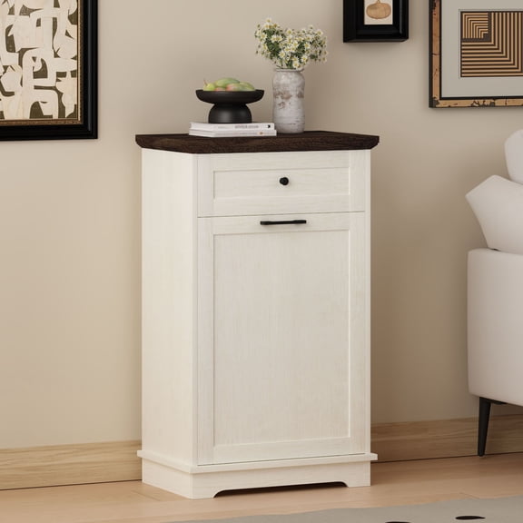 CQSXDA Antique White 10 Gallon Tilt Out Trash Cabinet With Hideaway Drawer, For Kitchen Or Living Room