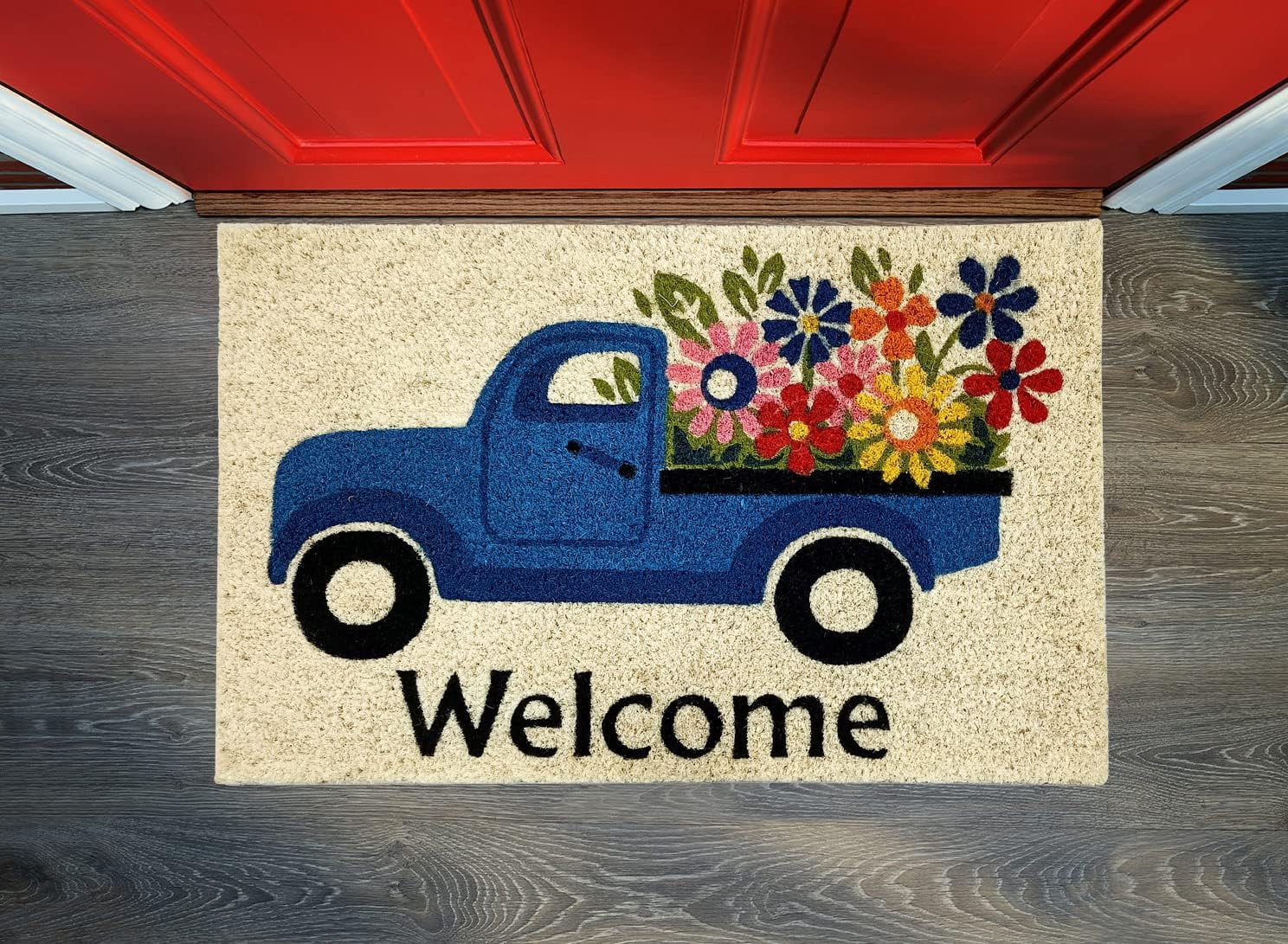 Kashi Home Printed Coir Fiber 18x28 Non-Slip Doormat, Durable Outdoor / Indoor Rug, Entryway, Front Door, Porch, Patio, Welcome Mat, Hello Spring, Floral Americana Design Decor (Welcome Flower Truck)