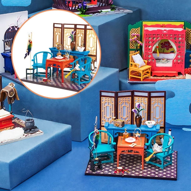 Casa miniatura con de muebles realistas LED clara Arquitectura antigua china Casa de artesanales Rompecabezas 3D Sala CUTICAT casa de muñecas artesanales