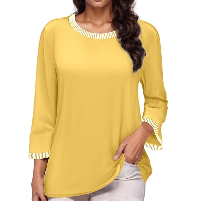 Womens Oversized T Shirts Ladies Breathable Basic Leisure Color Block Ribbed Crew Neck Top Shirts Women Yellow XL