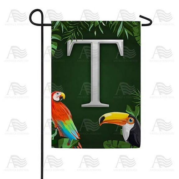 America Forever Tropical Bird Summer Monogram Garden Flag Letter T 12.5 x 18 inches Parrot Toucan Palm Leaves Double Sided Vertical Outdoor Yard Lawn Decorative Coastal Garden Flag