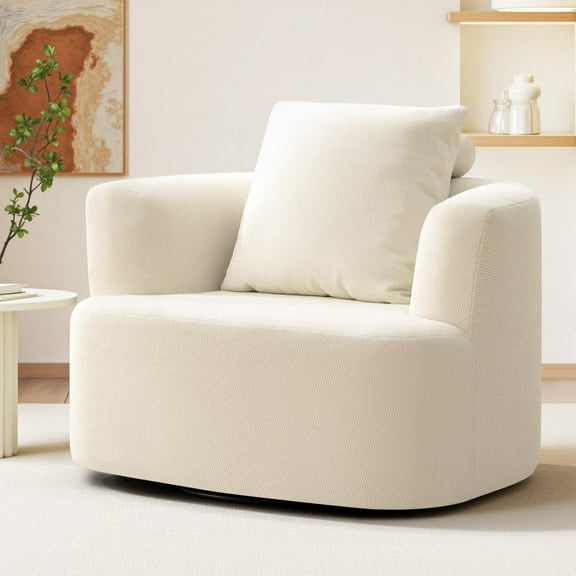COOLHUT Swivel Accent Chairs Barrel Chair Oversized, Upholstered Large Round Armchairs with Pillow, Wide Seat Accent Chair, Modern Upholstered Barrel Armchair Living Room, Bedroom, Beige
