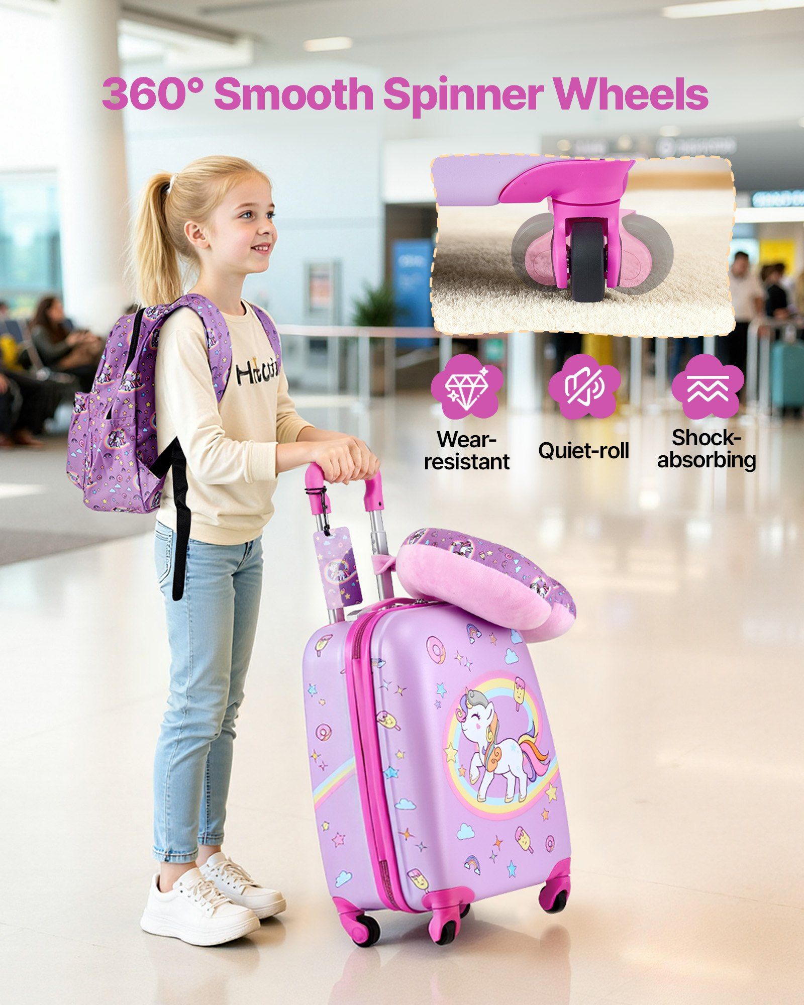 Unicorn Kids Luggage Set 5 Piece 18 Inch Hardside Rolling Suitcase Backpack U Shape Pillow Airline Approved Holiday Birthday Gift for Girls Boys
