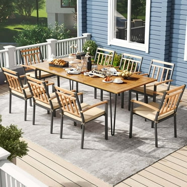 Costway 9 PCS Patio Dining Set with 8 Chairs  Acacia Wood Table Top Umbrella Hole for Yard