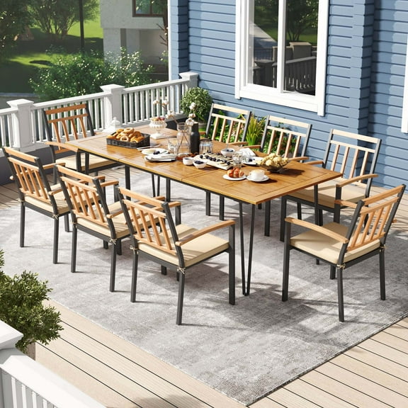 Costway 9 PCS Patio Dining Set with 8 Chairs  Acacia Wood Table Top Umbrella Hole for Yard