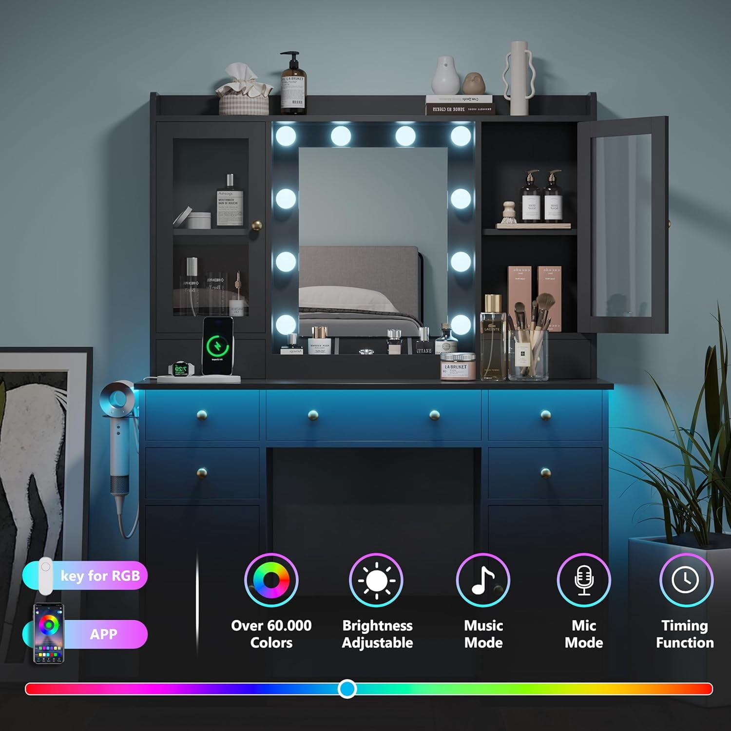 FANRAL 43.7" Vanity Desk with 10 Mirror Lights & Under-Table RGB,Charging Station & Hair Dryer Holder,Multi-Storage Dressing Table for Bedroom Bathroom,Black Vanity