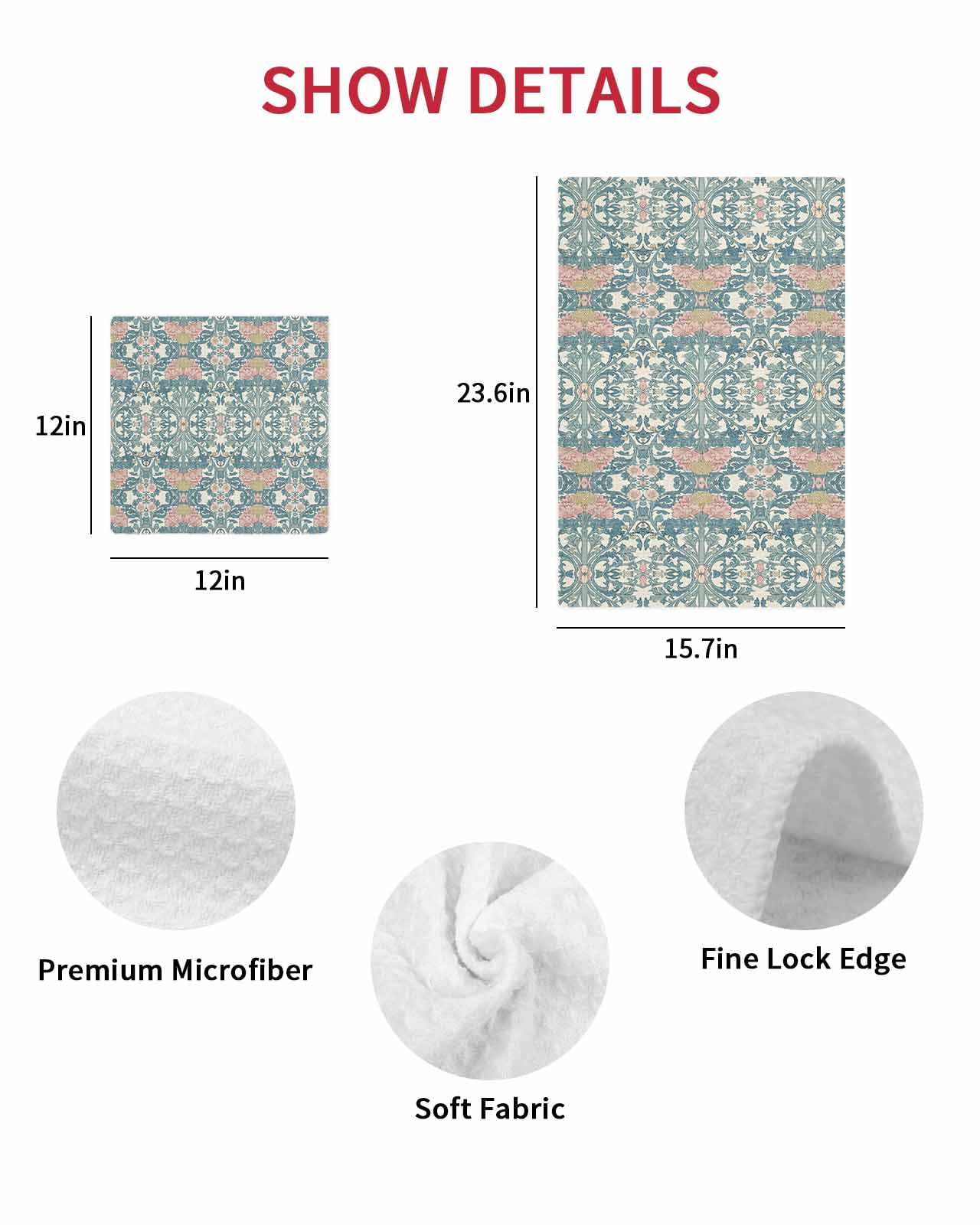 Teal Pink Hand Towels Set, Waffle Weave Kitchen Towels 2 Pieces, Vintage Floral Watercolor Boho Ethnic Microfiber Hair Face Bath Tea Towel Absorbent Quick Drying Cleaning Dish Cloths, 15.7"x23.6"