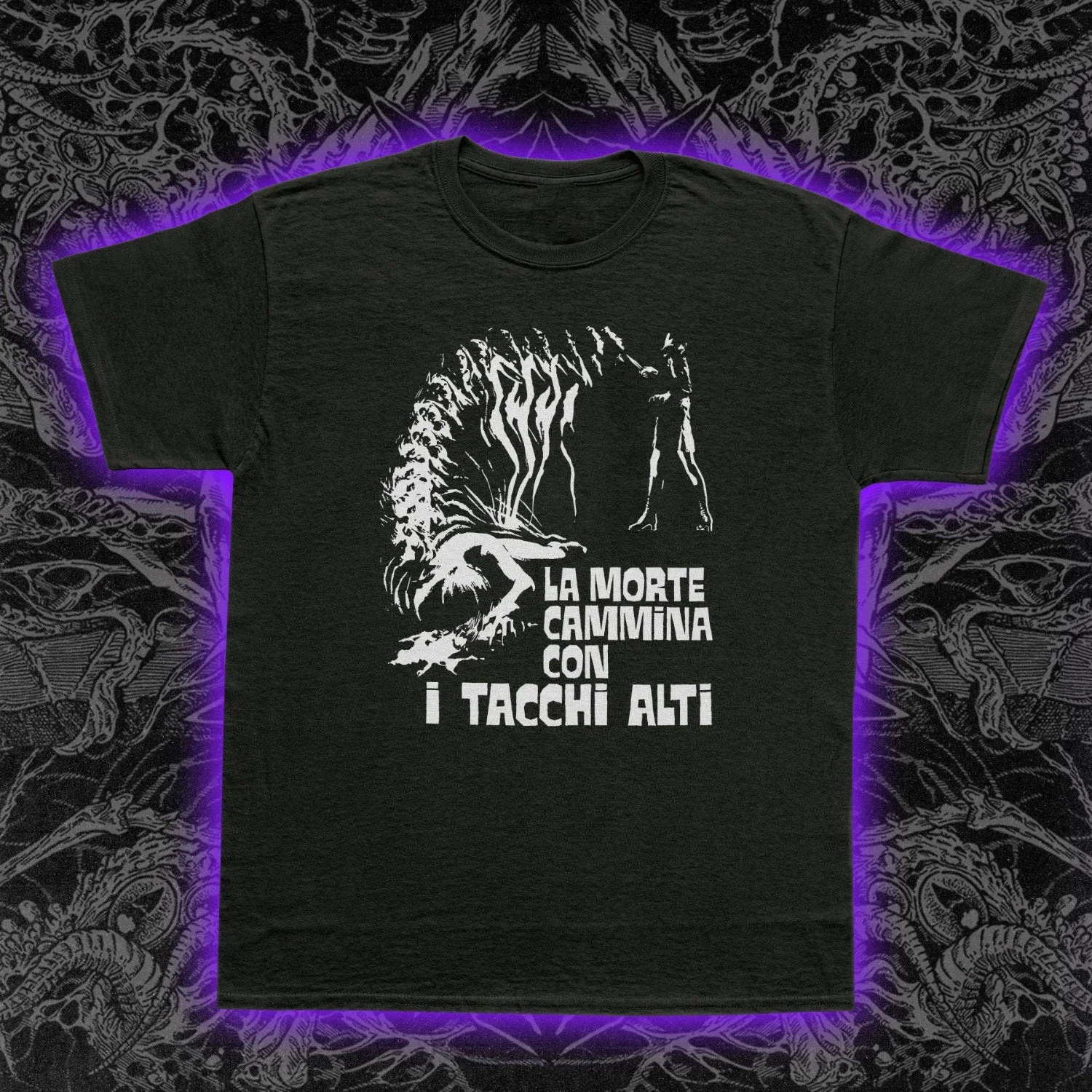 RARE Death Walks on High Heels T-Shirt Giallo Italian Horror Movie Luciano Ercoli