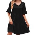 thumbnail image 2 of Robes pour Femmes 2024 Été Ample Décontractée Col en V devant Jupe Lacée Taille Haute Robe Ample Manches Courtes Col en V Longueur Genou 50 % de Rabais Liquidation!, 2 of 4