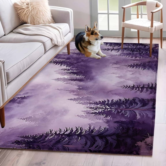 Area Rug for Living Room, Purple Mountain Non-Slip Indoor Large Carpet for Bedroom/Dining Room, Misty Forest Nature Woodland Pine Tree Landscape Washable Floor Mat Runner Rugs - 2.7 x 5 Ft