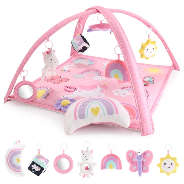 The Peanutshell Baby Girl Play Gym & 7-in-1 Play Mat - Playmat Baby Toys 0-6, 6-12 Months Tummy Time Mat with Hanging Toys, Soft Padded Mat for Newborns, Infants - Rainbow Paradise