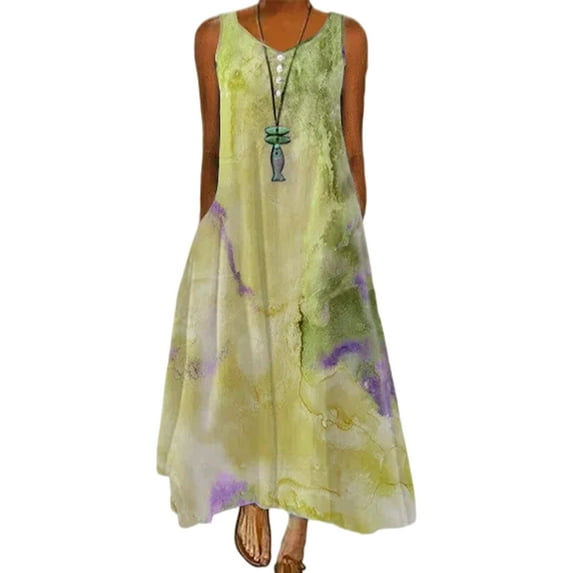 Glonme Women Summer Beach Sundress V Neck Maxi Dresses Abstract Print Long Dress Travel Loose Sexy Sleeveless Green M