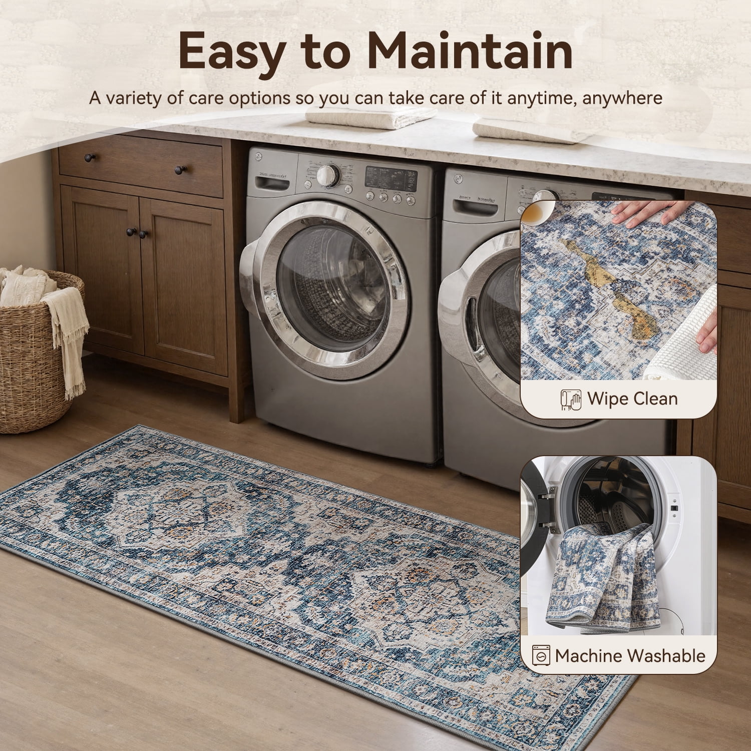 SIXHOME 3-Piece Kitchen Rugs and Runner Set Washable Vintage Kitchen Mat Non-Slip Low-Profile Rugs for Kitchen Sink Laundry Bedside 20"x32"+20"x48"+20"x59" Blue