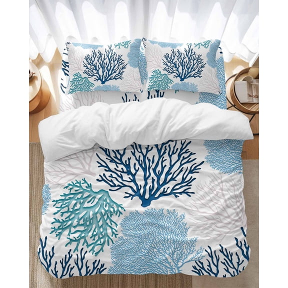 Coastal Ocean Coral Bedding Duvet Cover Set King Size 4 Pieces Sea Blue Pink Theme Pattern Bedding Set with Zipper Closure, 1 Comforter Cover 92x106 Inches 1 Flat Sheet & 2 Pillow Cases