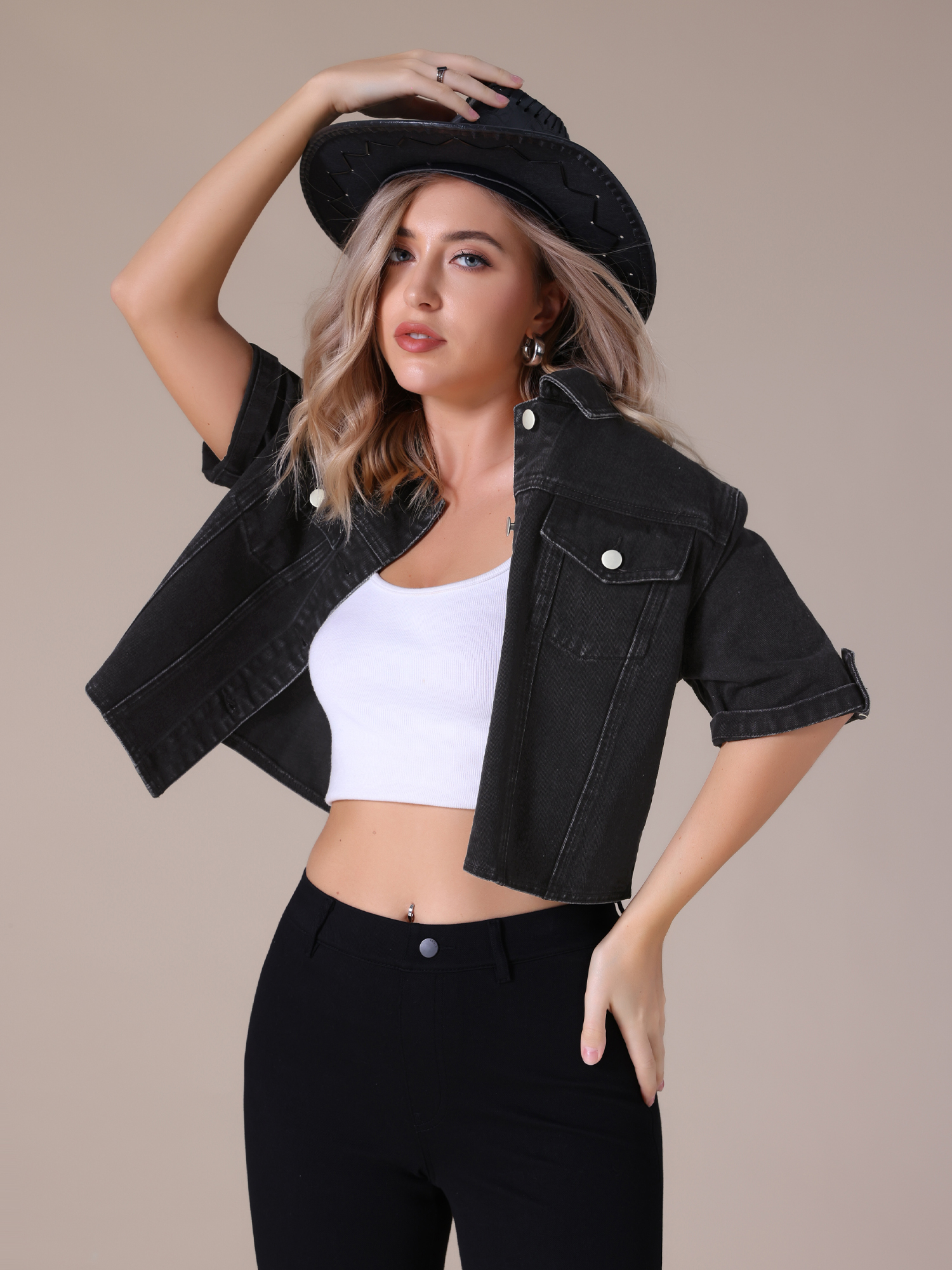 DARING DIVA Women's Short Sleeve Denim Collared Button Up Cropped Jean Jacket S Black