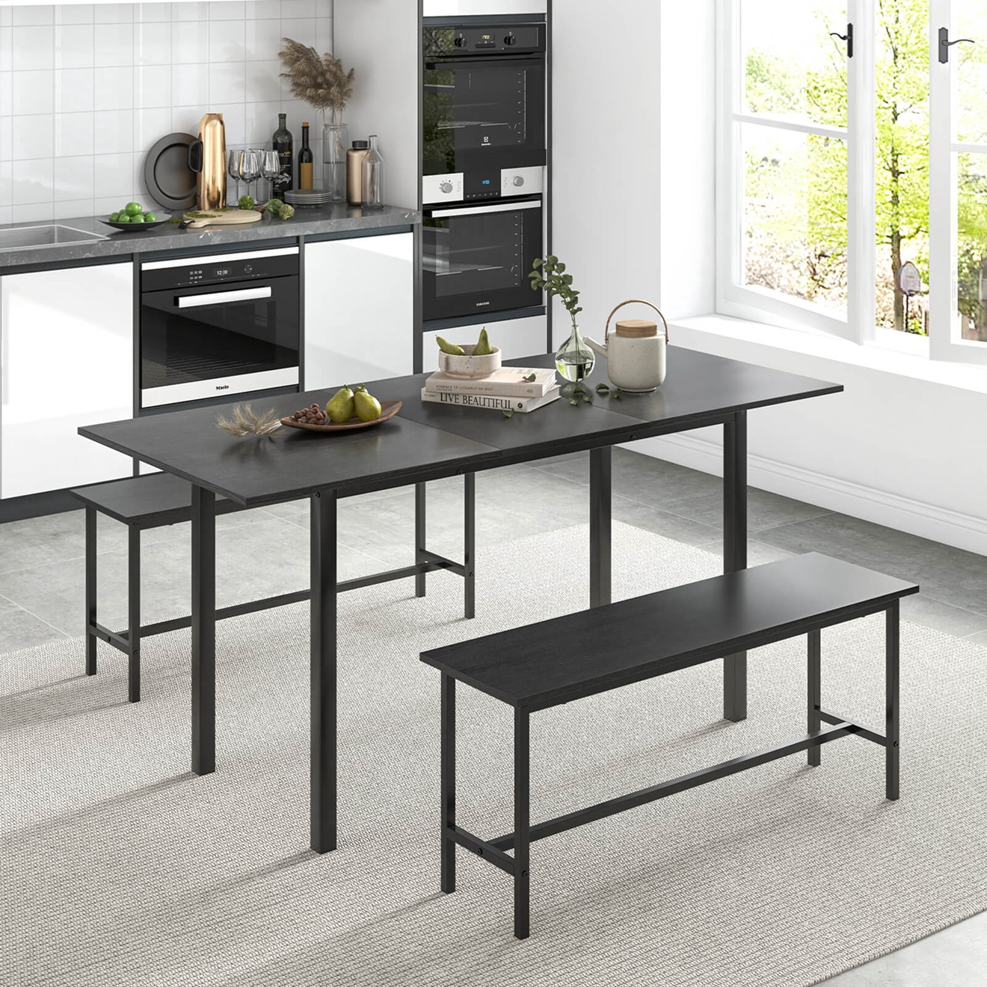 Costway 3 Piece Dining Table Set for 4-6  63"Kitchen Table with 2 Benches Metal Frame Black