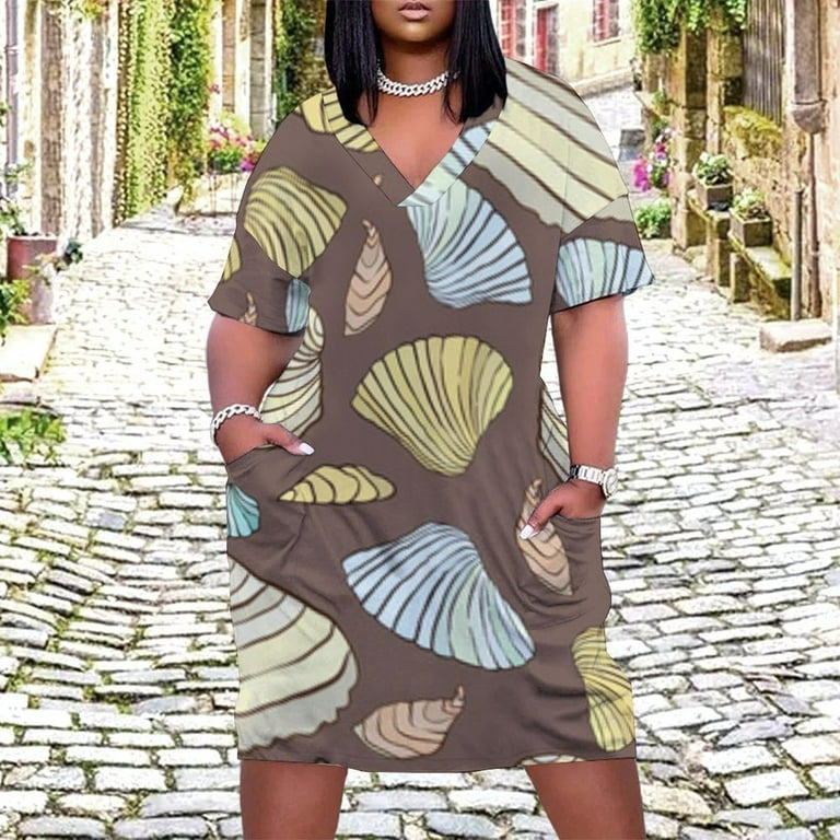 Sea Shells Brown Background Pattern Women's Loose Short Sleeve Dress Casual  Summer Plus Size Long Dresses with Pockets - Walmart.com