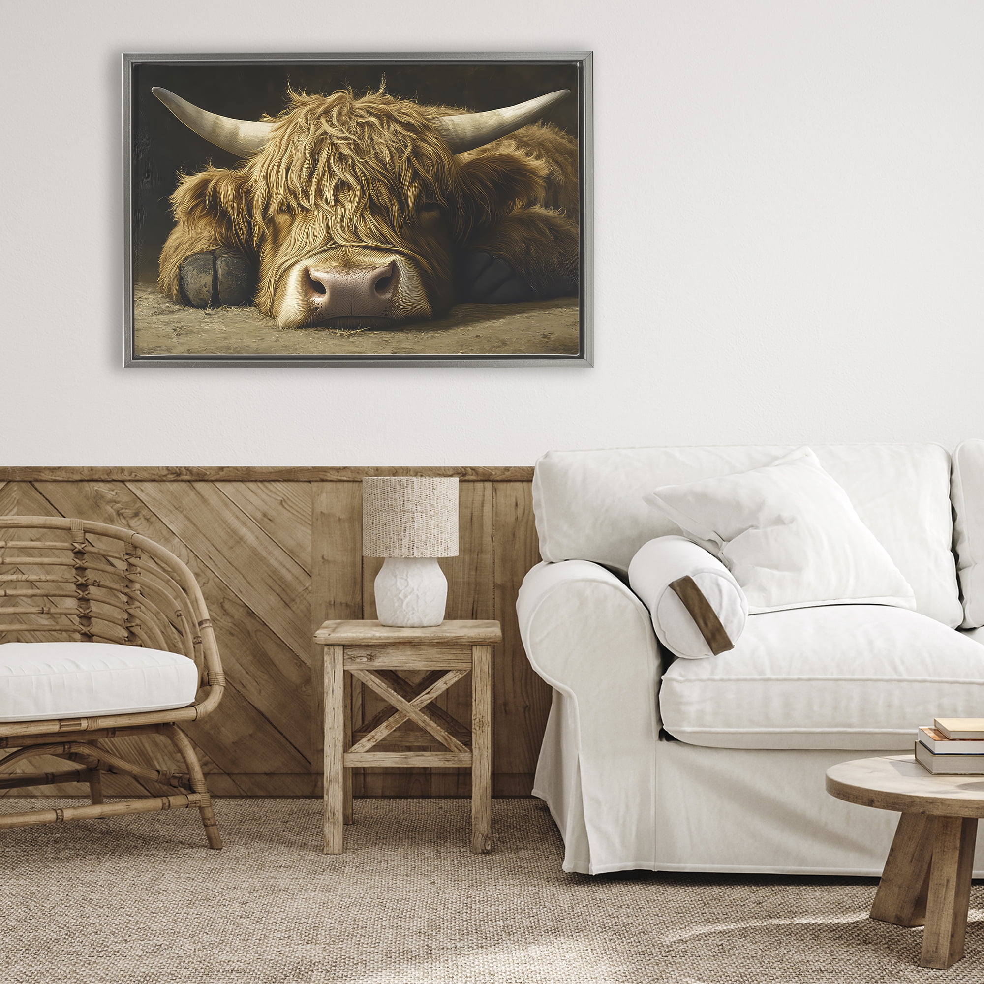 Stupell Industries Sleeping Highland Cow & Hoof Gray Framed Floater Canvas Wall Art, design by The Wands Want
