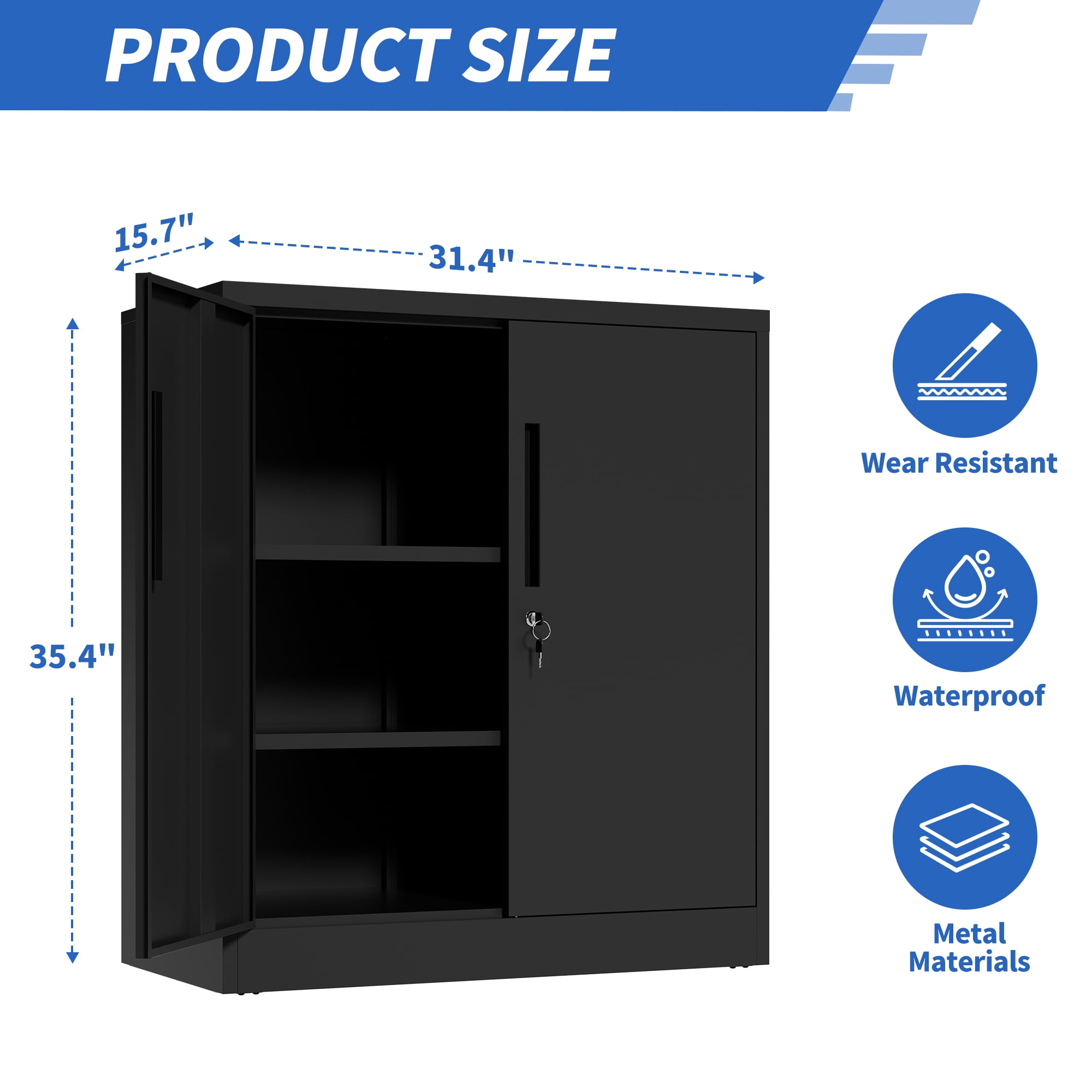 Metal Storage Cabinet with Lock, 2-Door Garage Storage Cabinet with 2 Adjustable Shelves, Heavy Duty Steel File Cabinet for Home, Office, Garage, School (Black, 35.4"H)