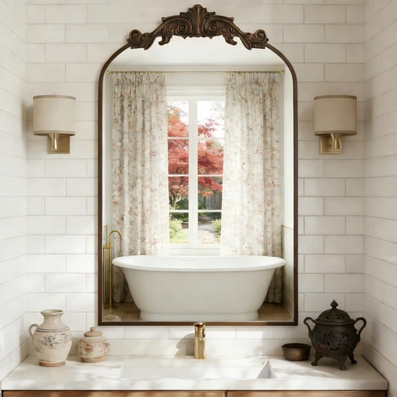 Mirrasia 36.1"x 24" Vintage Mirror Decorative Mirror Arched Baroque Mirror Hanging,Antique Gold